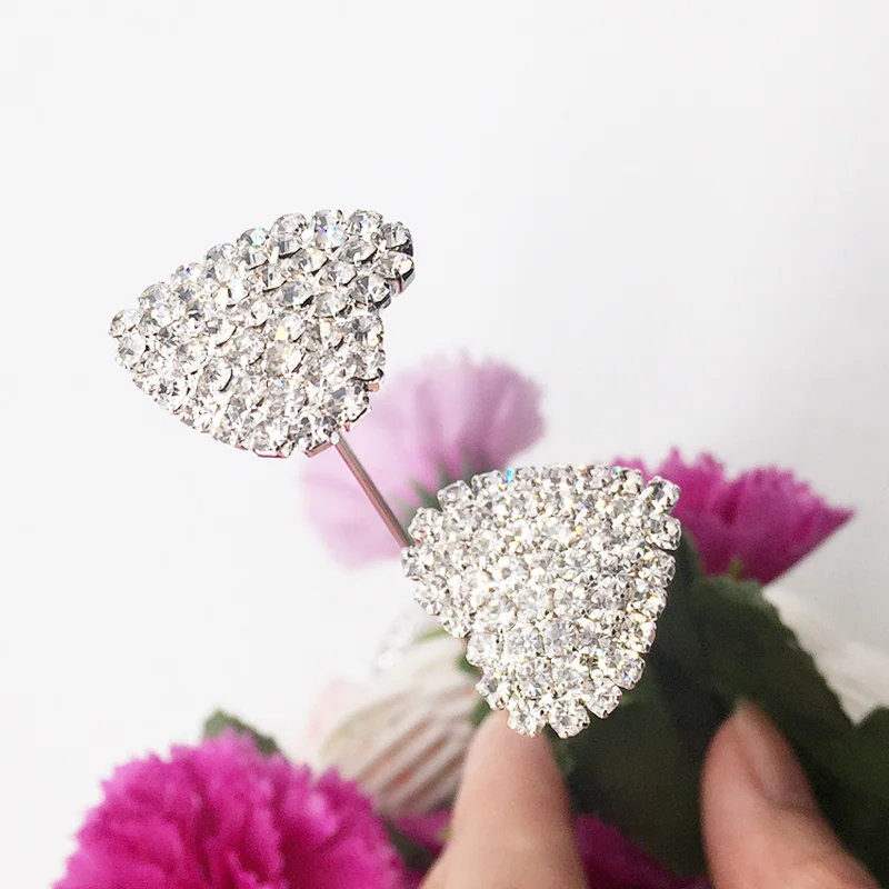 20cm stem single heart crystal flower brooch pin bouquet rhinestone stick for decoration