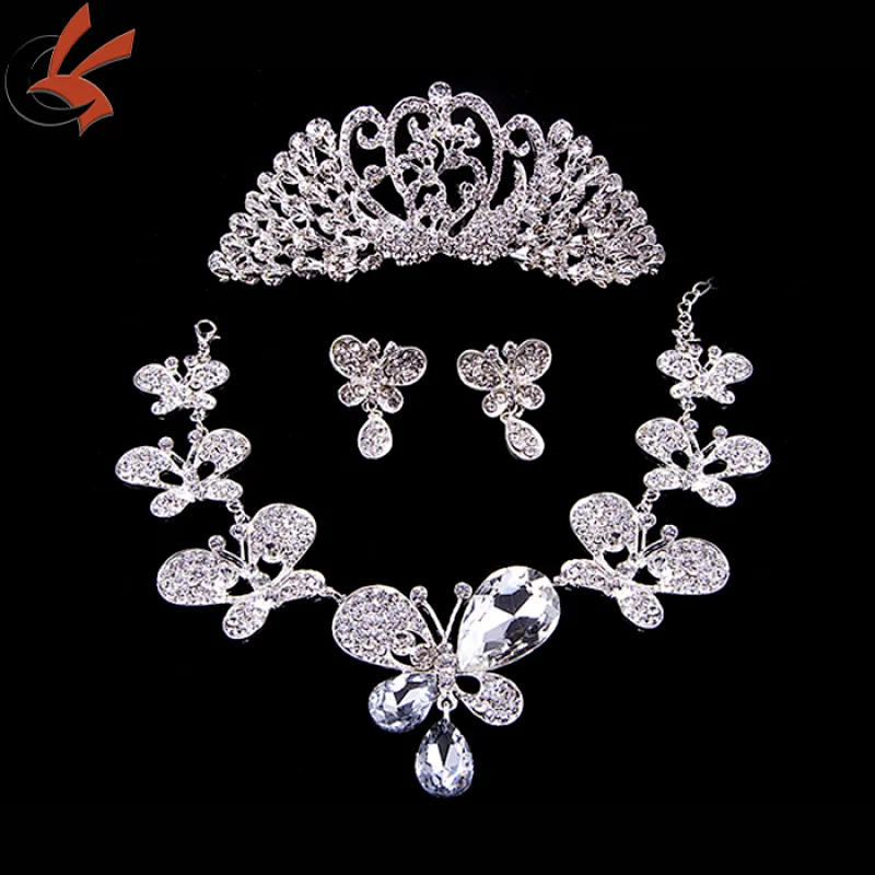 Alloy Silver Plated Rhinestone butterfly glass Necklace, Earrings,crown Bridal Wedding Jewelry Set