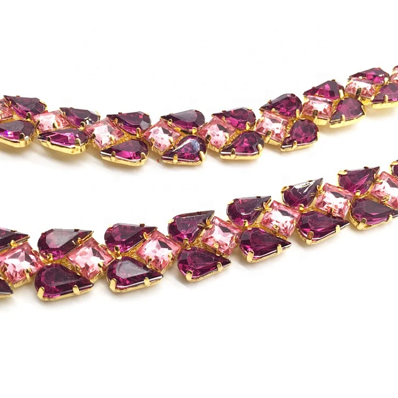 2020 New Design Mix Colour Purple Acrylic Rhinestone Lace Fabric Trim for Sewing Clothes