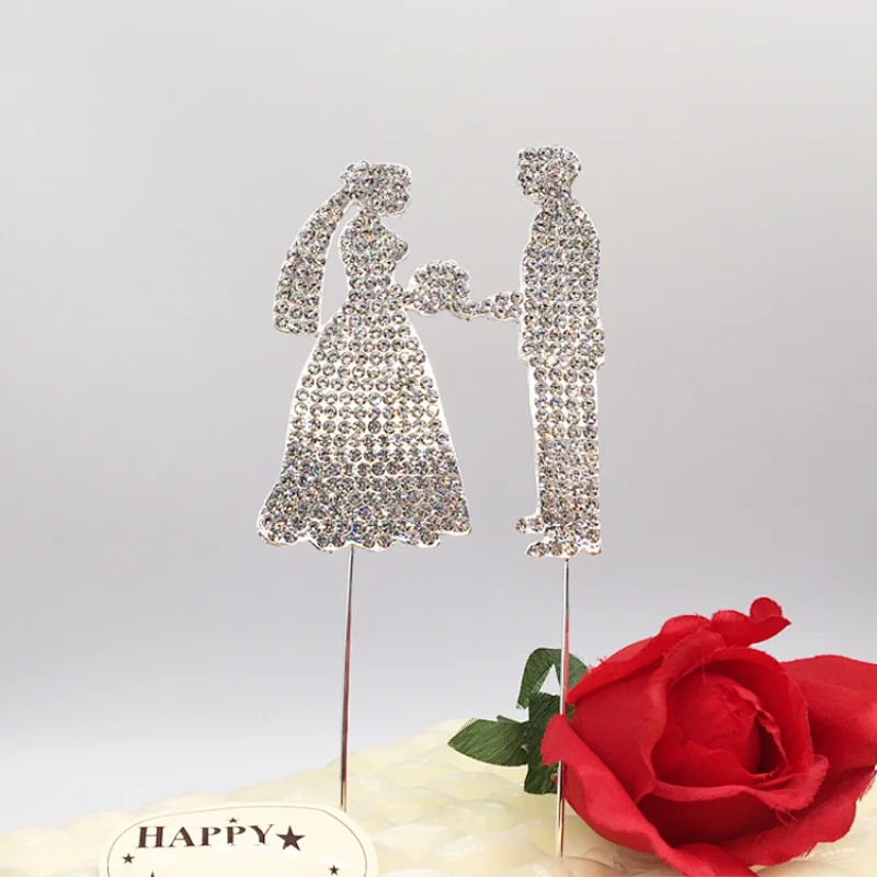 Custom couple crystal bridal bouquet bride and bridegroom wedding cake topper