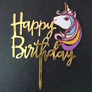 Lovely Printed Unicorn Acrylic Happy Birthday Cake Topper in Gold