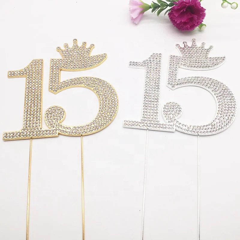 Silver and Gold Crystal Rhinestone 15th Happy Birthday Tiara Crown Cake Topper
