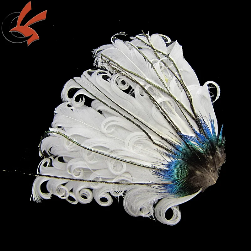 wedding headband peacock white curly feather pad