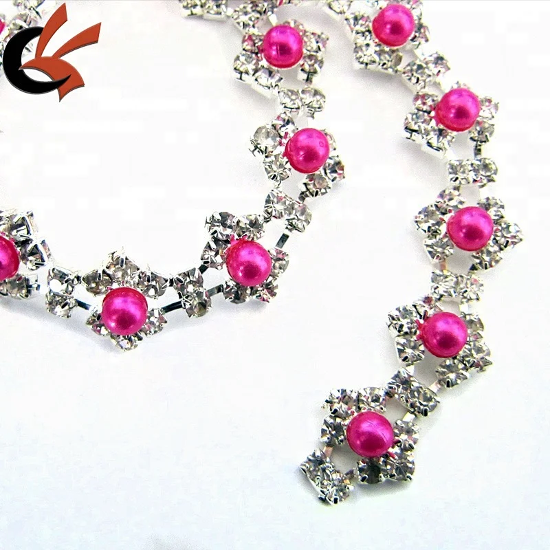 New style Hot PInk color Pearl and rhinestone trimmings