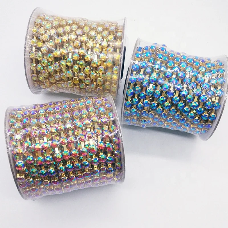 Factory Handmade Sew OnSS8 6SS8 SS10 SS12 AB Color Resin cup brass chain