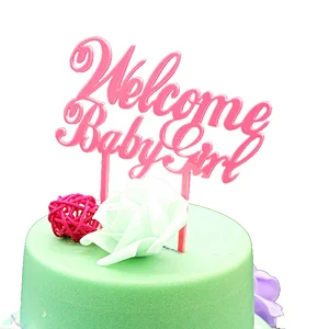 Baby shower birthday decoration acrylic solid pink colour welcome baby girl cake topper acrylic topper
