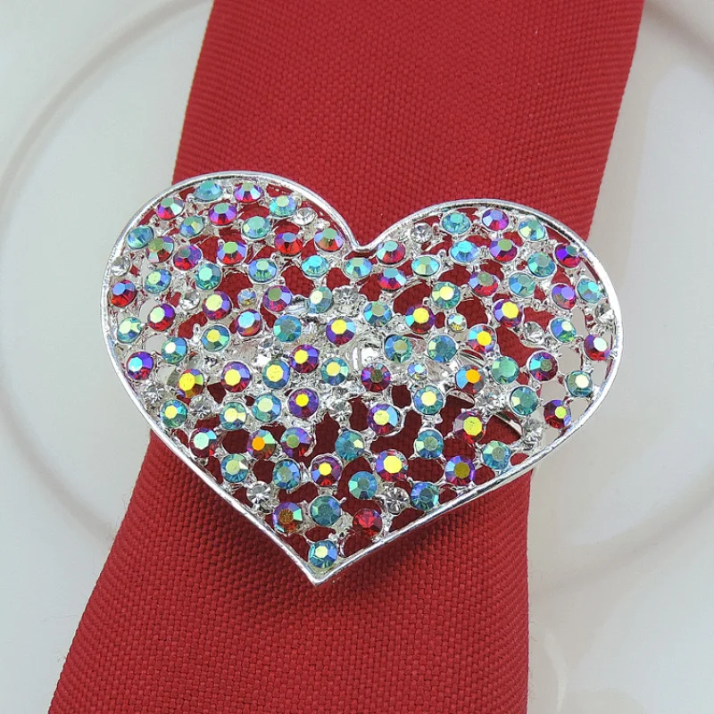 Vintage silver metal heart shape ab crystal napkin ring for sell