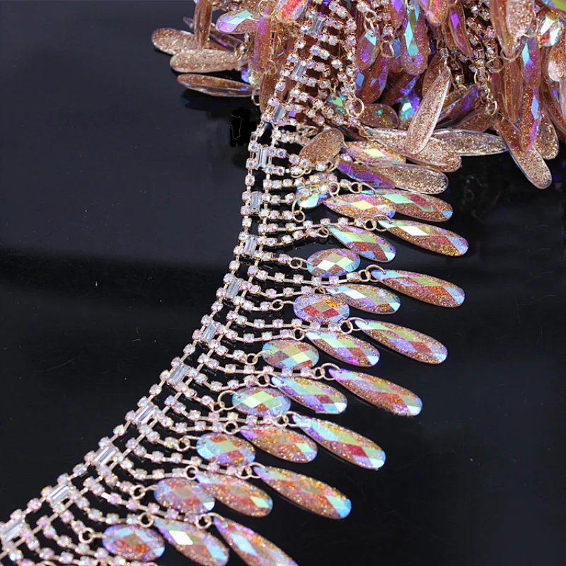 High quality water drop resin rhinestone gold glitter stone trims for Latin dance skirt decoration