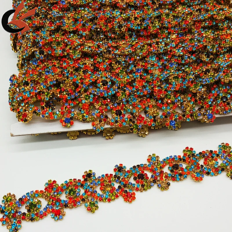 Factory latest design mix color rhinestone trim chain for dress