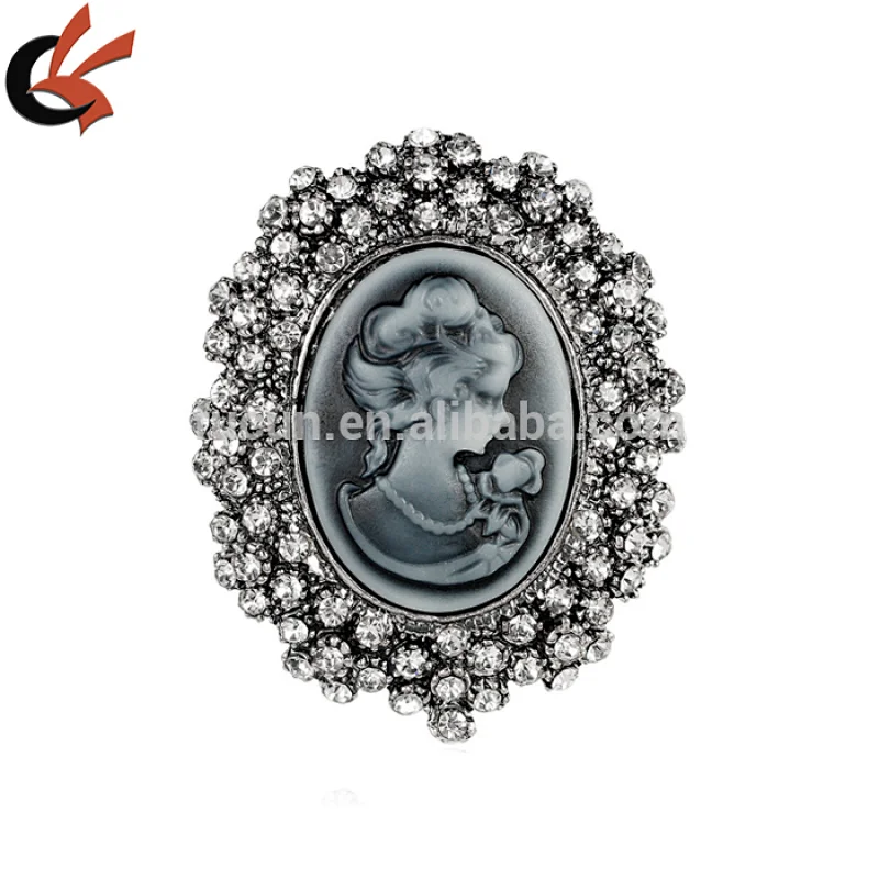 Vintage Style Cameo Lady Brooch Gold Crystals Gold Tone Broach