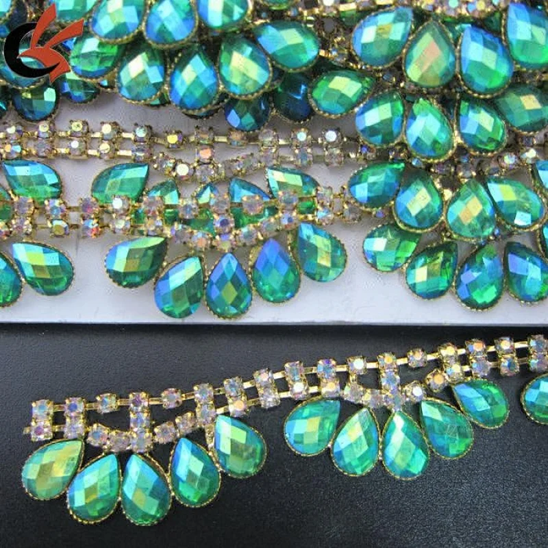 2018 green AB acrylic drop diamond rhinestone chain by the yard