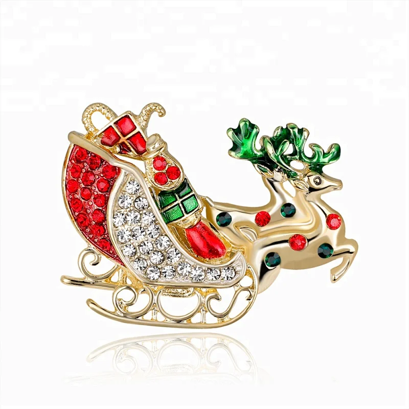 Vintage Rhinestone Deer and sleigh Christmas Holiday Brooch Pin