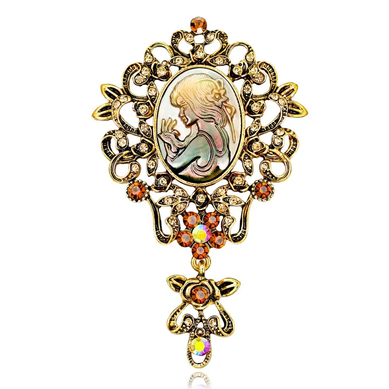 New arrival!! Vintage Style Shell Lady Head Brooch Antique Gold Brooch