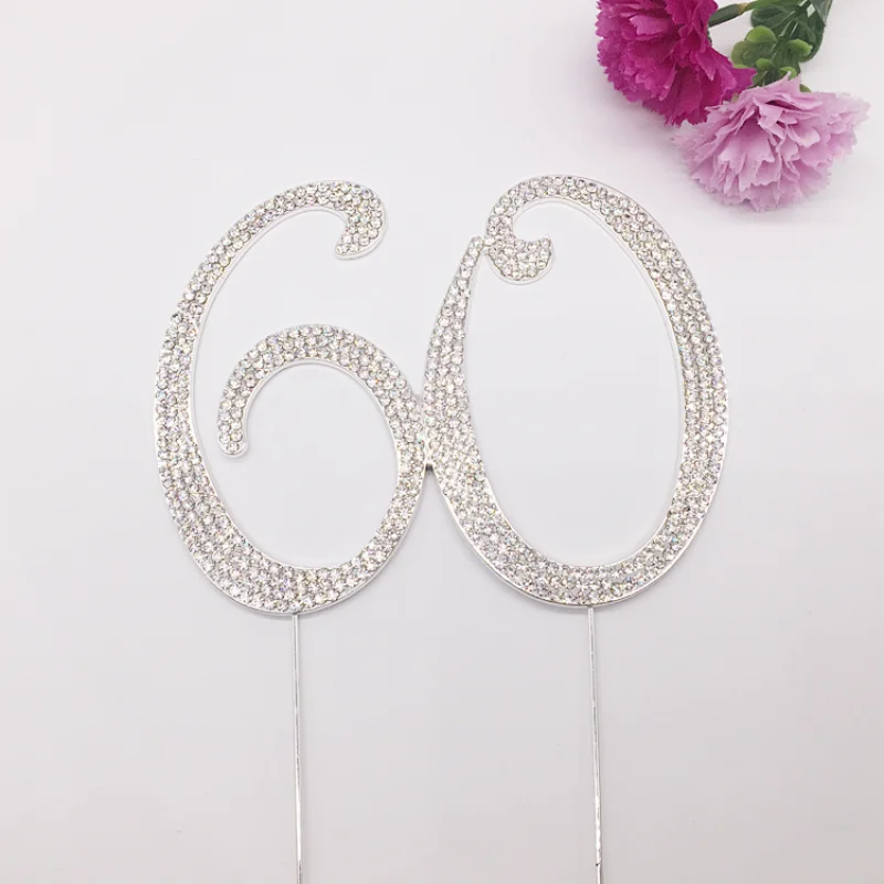 Top Selling Cake Party Accessories Sliver Rhinestone 60th Anniversary Birthday Cake Topper