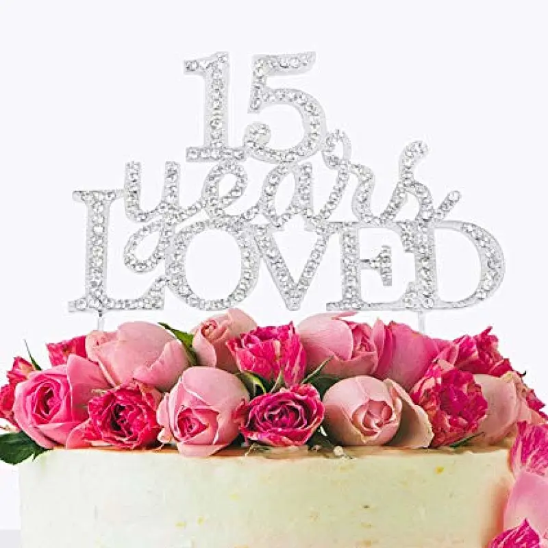 shinning crystal style 15 years loved cake topper silver