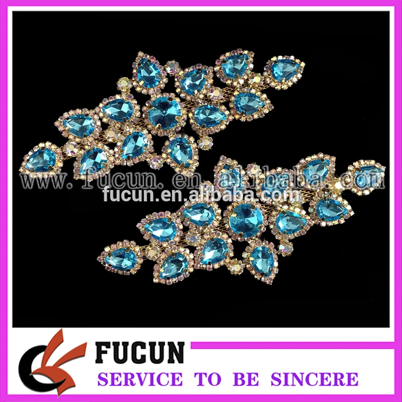 Gold base crystal beaded motif rhinestone applique for bridal