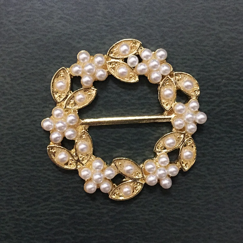 gold plating pearl flower round sash slider metal buckle for wedding party decoration