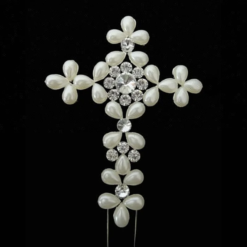 Large clear Rhinestone ivory pearl Cross Christening Cake Topper cake Decoration