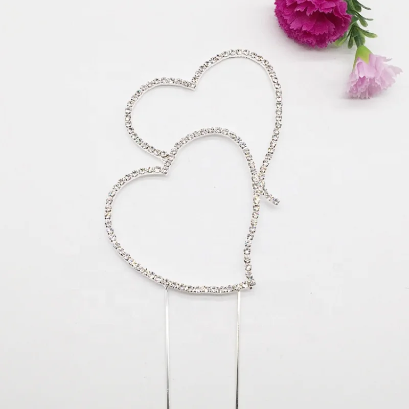 Delicate Two Double Hearts Decoration Wedding Engagement Rhinestone Crystal Cake Toppers