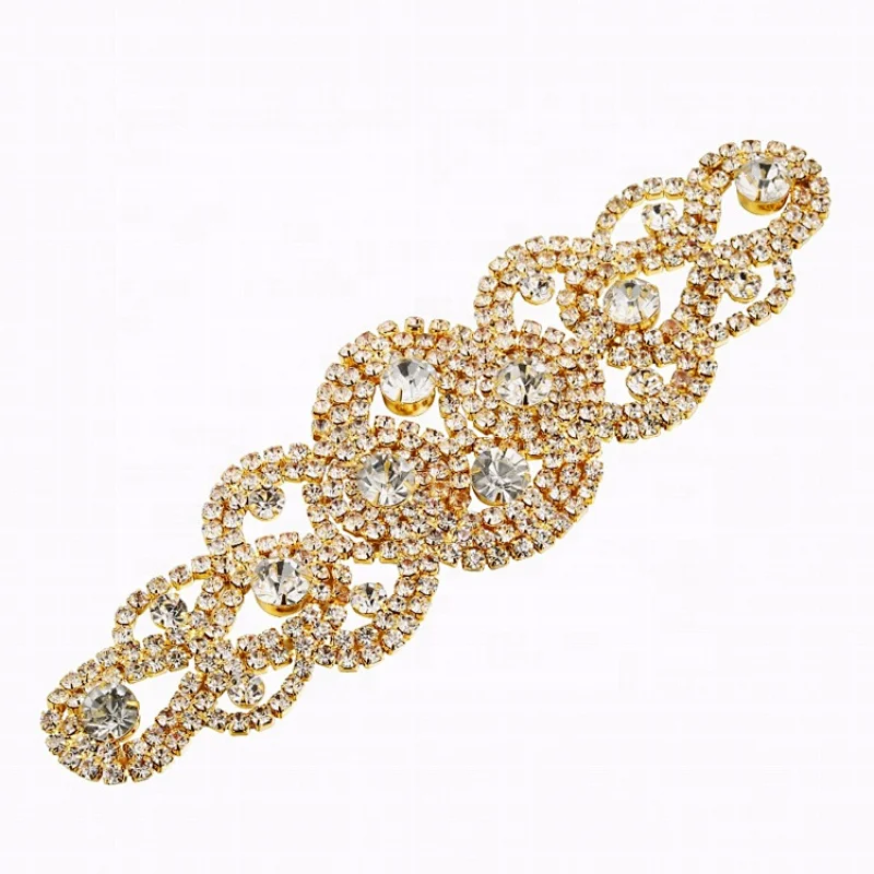 wholesale neckline designs rhinestone crystal gold rhinestone applique for wedding dress sash