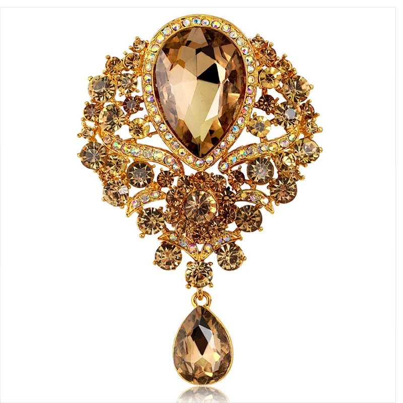 2018 New Style Gold Vintage Large Crystal Decorative Safety Brooch Pin