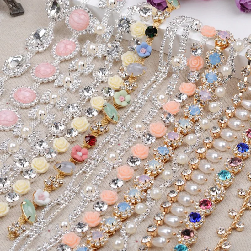 hot sale cheap rhinestone flower bridal chain trimming hair piece chains decoration wholesale