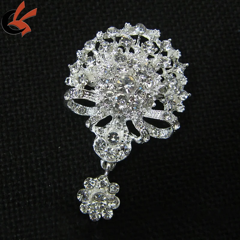 VINTAGE INSPIRED SILVER PLATED LARGE STATEMENT CRYSTAL DROP RHINESTONE BROOCH