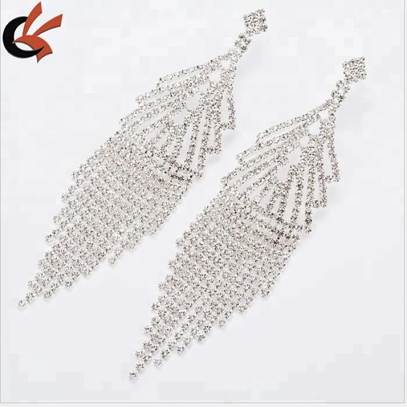 Diamante Rhinestone Long Tassel Earrings Dangle large Earrings Women Wedding Bridal Earrings