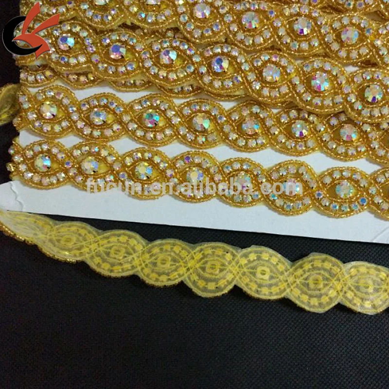 Iron on High Quality Gold Beads Crystal Rhinestone Trimming