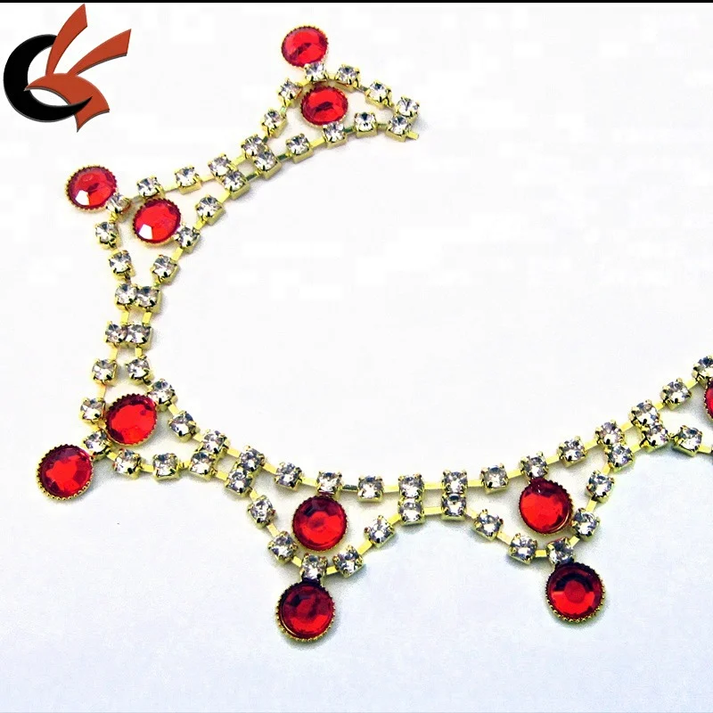 Gold base clear and red crystal decorative rhinestone trim for garment