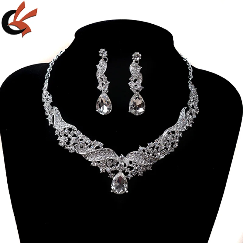 Sparkly Wedding Bride Shining Rhinestone Necklace Earring Jewelry Set