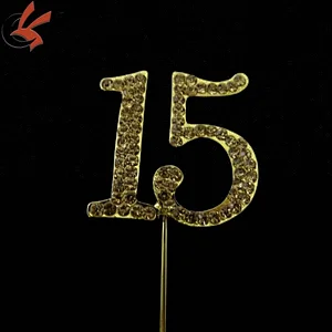 No.15 Gold Rhinestone NUMBER CAKE TOPPER for Birthday, Anniversary, Quinceanera, Sweet Sixteen, and Special Event