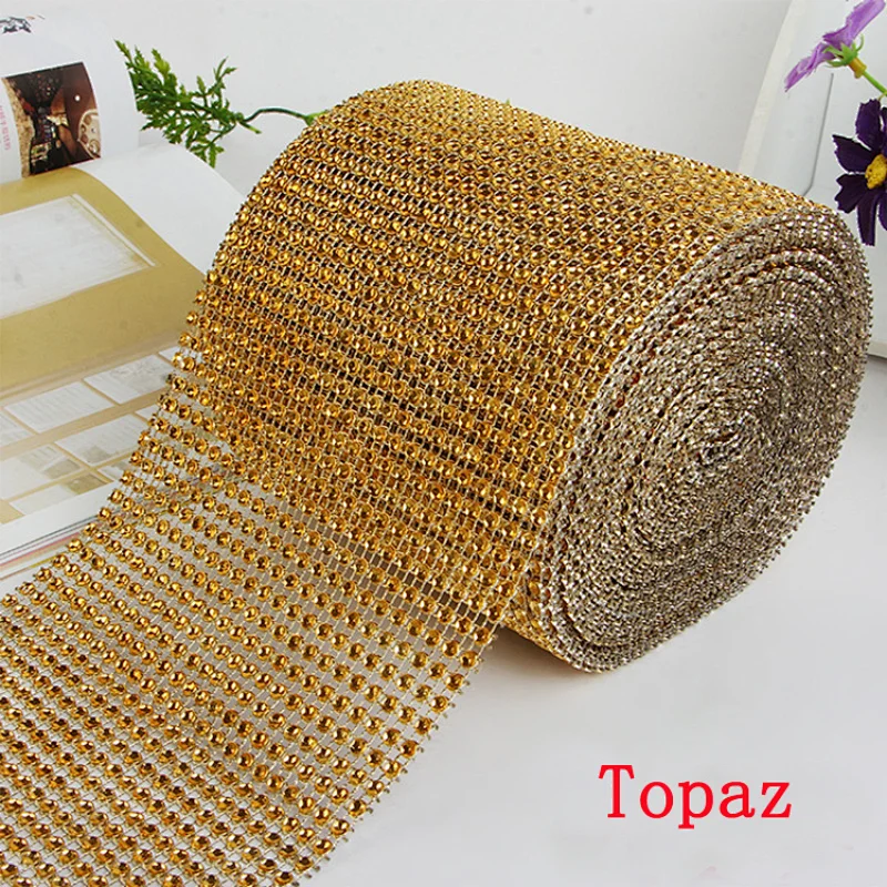 24 Row Diamond Topaz Rhinestone Mesh 10 Yard Roll Wedding Party Cake Decoration Trim