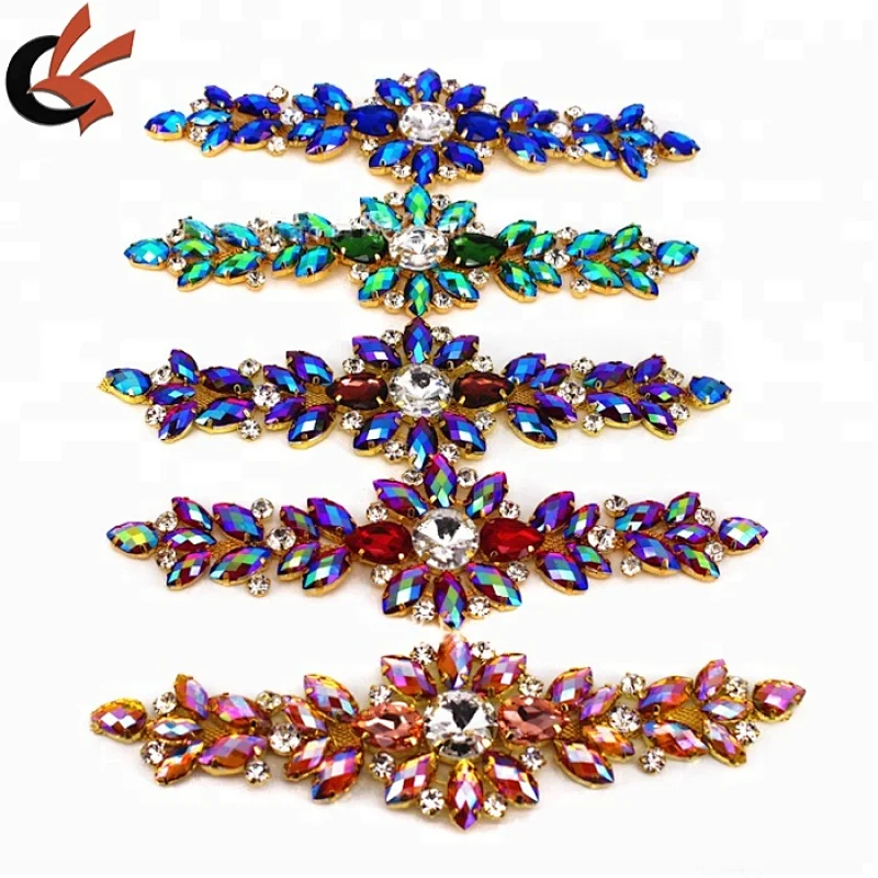 18.2*5.5CM AB Resin rhinestone applique Gold Base wedding Dress Belt Applique