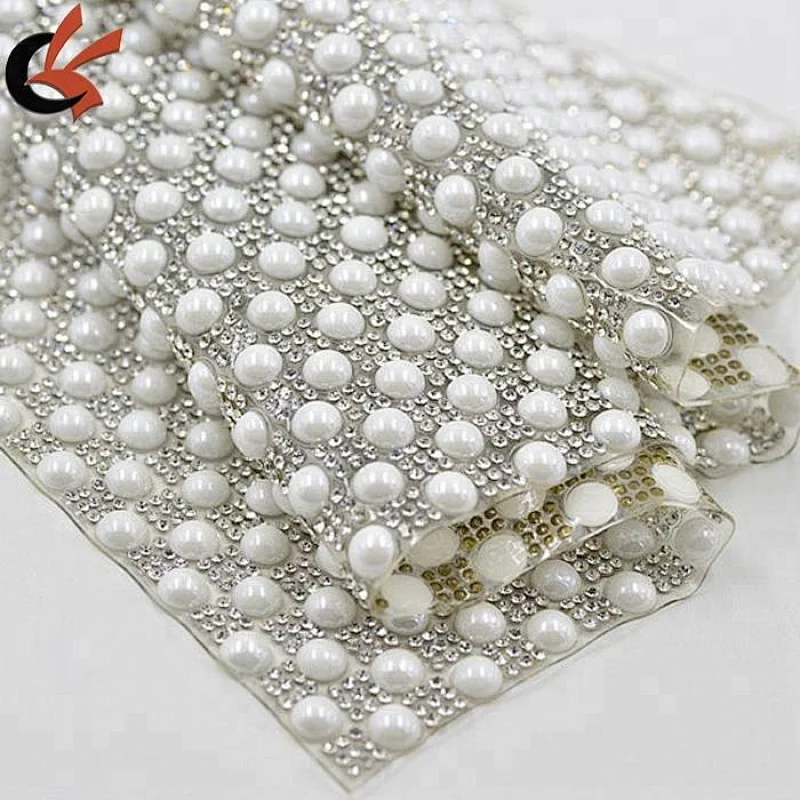 wholesale bling flat iron pearl and rhinestone mesh trimming for cloth