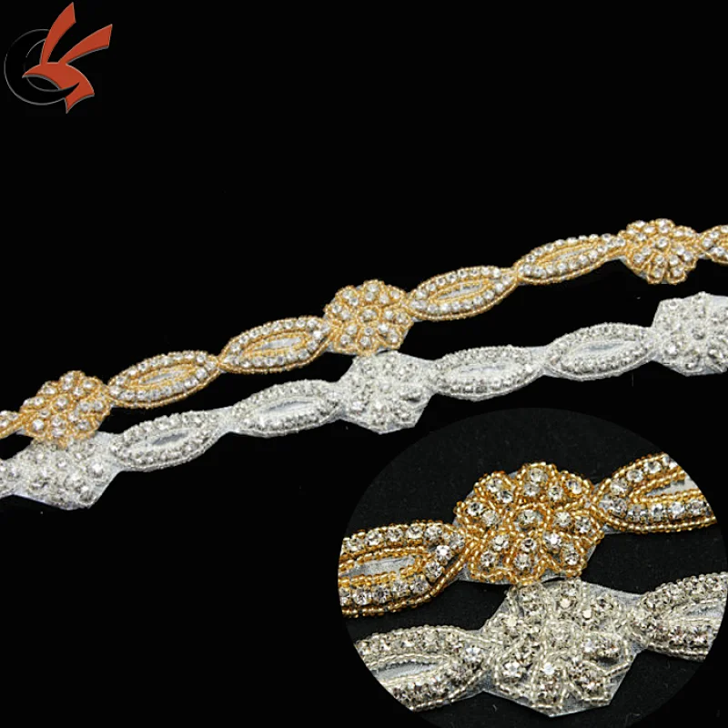 yellow plastic bead gold plating clear rhinestone applique sash for wedding dress