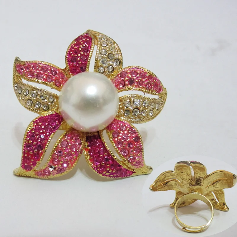 Gold Flower Design Pearl Beads Rhinestone Napkin Ring