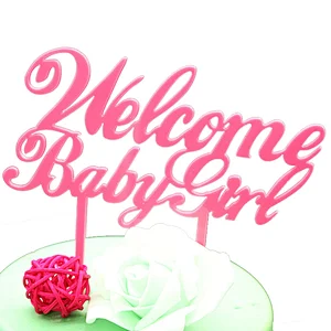 Baby shower birthday decoration acrylic solid pink colour welcome baby girl cake topper acrylic topper