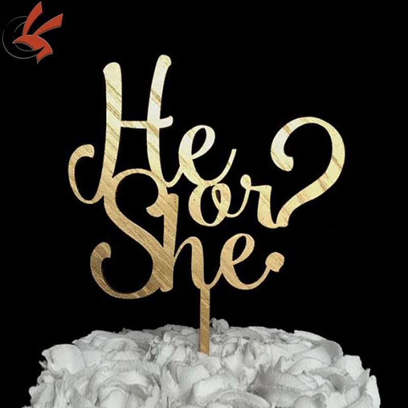 He Or She Acrylic Silver Mirror Mirror gold Baby Gender Reveal Cake Topper