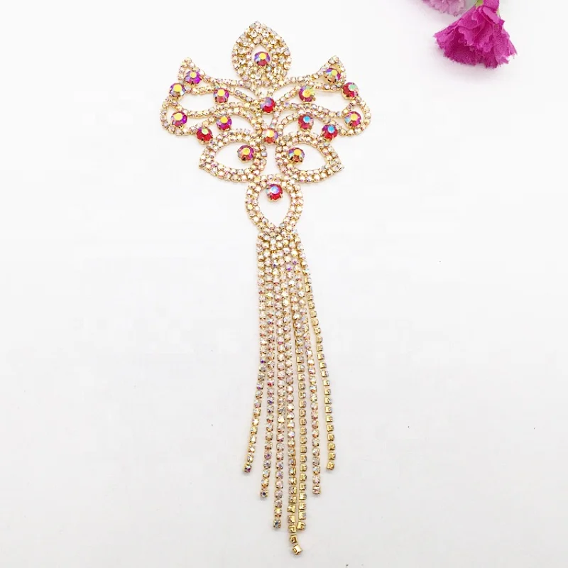 China Suppliers Fashion Gold Jewelry Fringe Crystal Tassel Applique Patch For Women