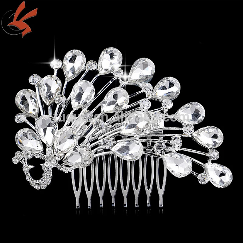 NEW Bridal Wedding Jewelry Crystal Rhinestone glass peacock Hair Comb Silver
