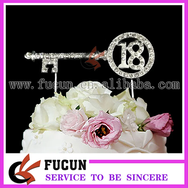 New birthday party decoration Silver Key shape number 18 rhinestone cake topper