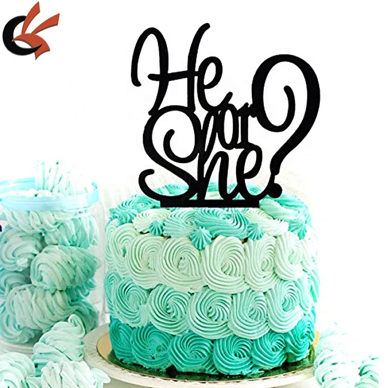 party cake decoration gender reveal he or she? black acrylic cake topper