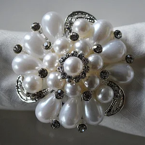 silver metal handmade strong quality white water drop pearl beads napkin ring