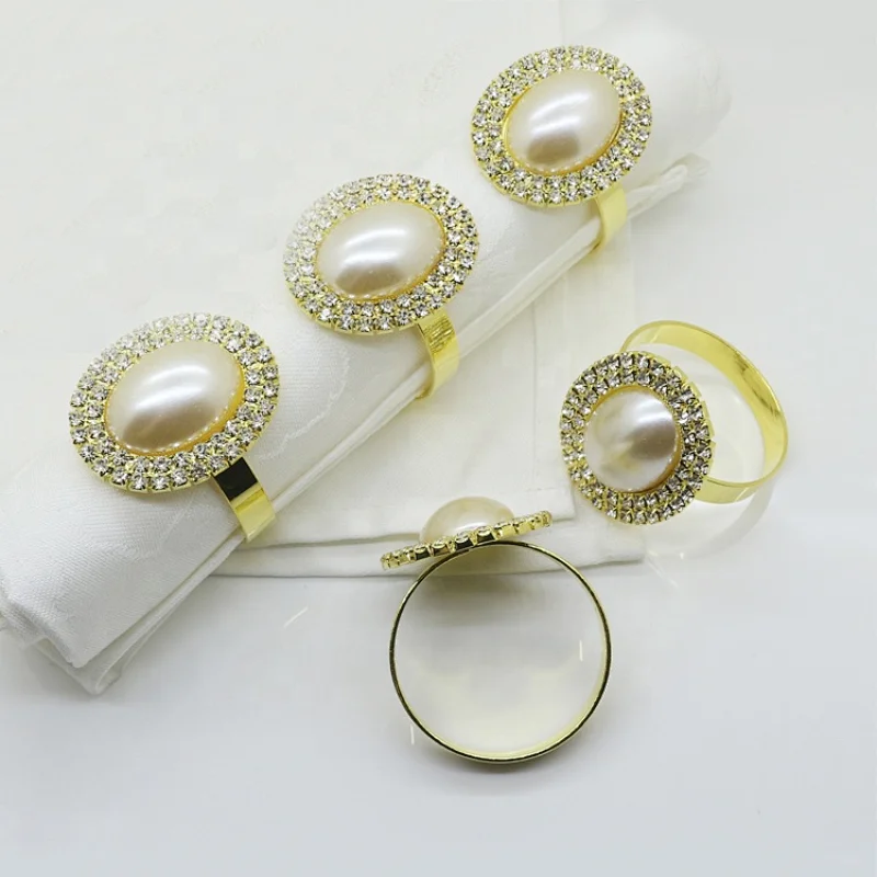 Factory Bulk Mass Production Cheap White Pearl Rhinestone Oval Napkin Ring Holder