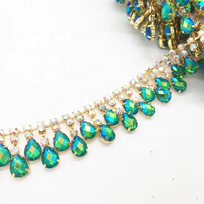 10 yards gold base resin waterdrop crystal beads chain trims for garment decors