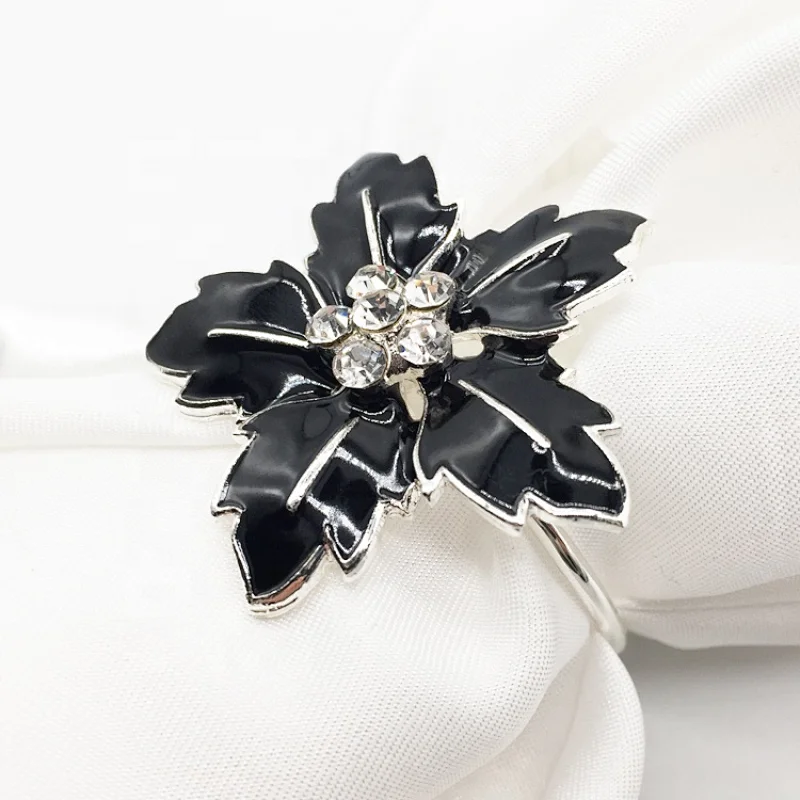 Custom Elegant Crystal Black Flower Wedding Table Napkin Rings