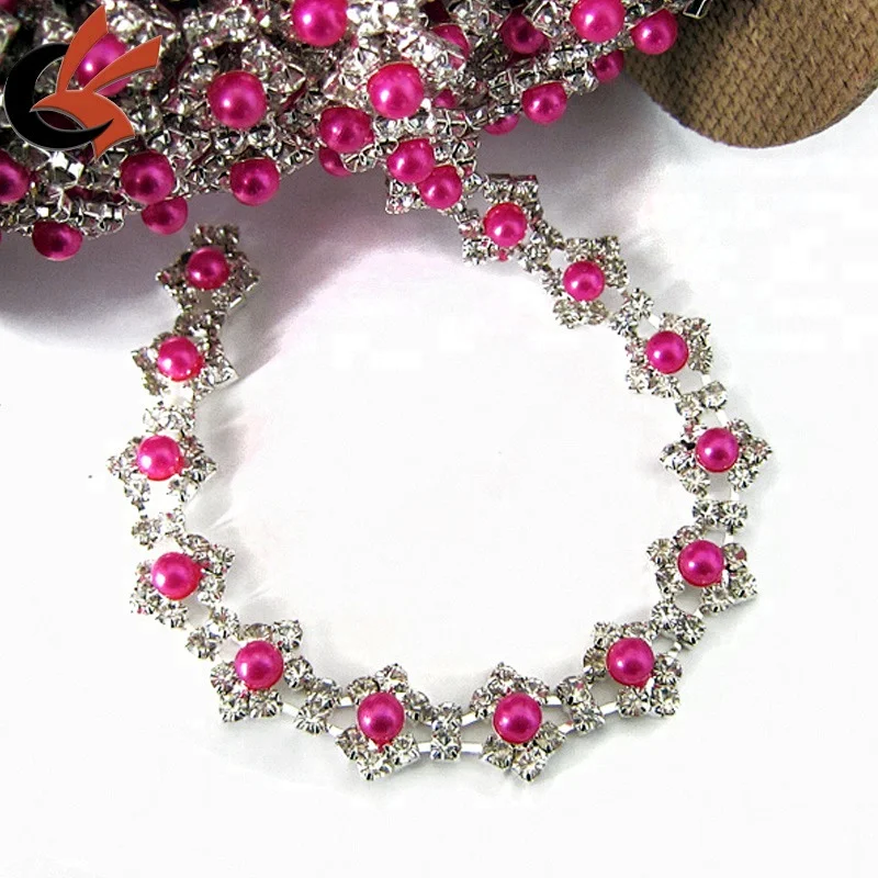 New style Hot PInk color Pearl and rhinestone trimmings