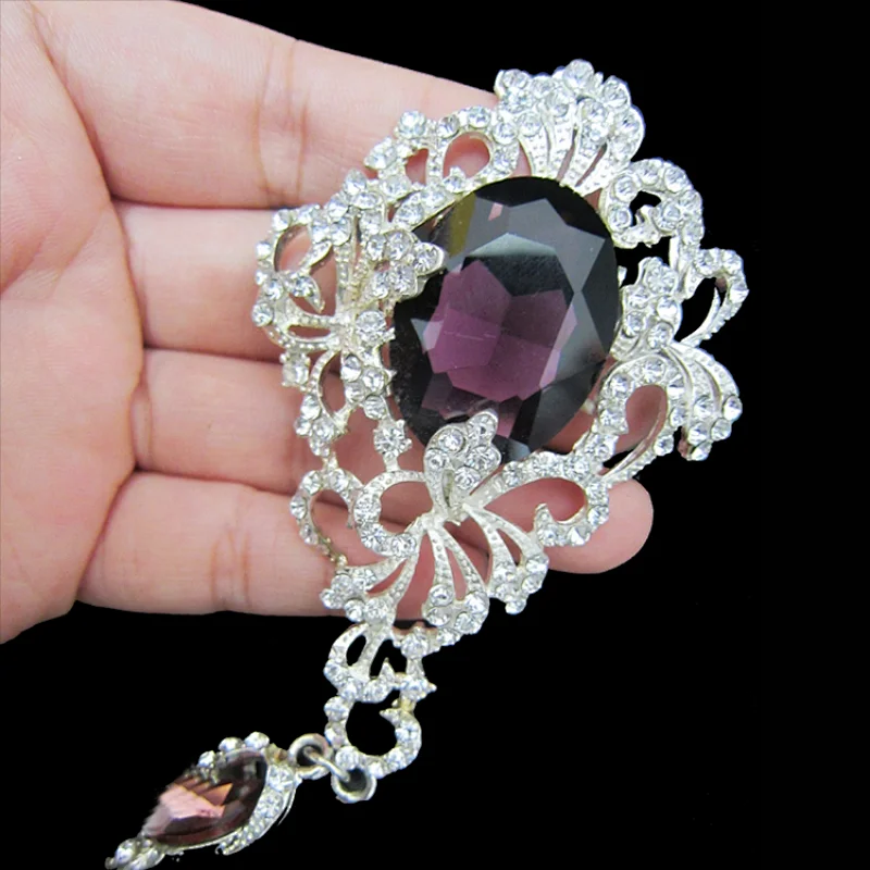 Fashion Modern Elegant Violet Rhinestone Glass Hanging Brooch Women Design