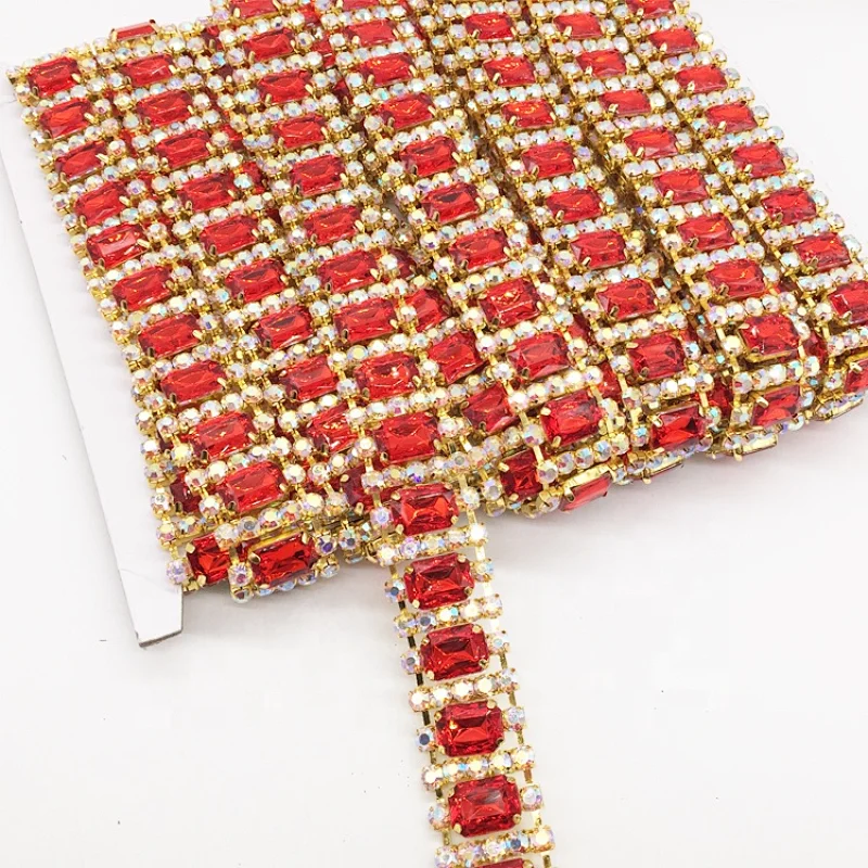 luxury crystal red stone trims rhinestone chain trim yard in gold